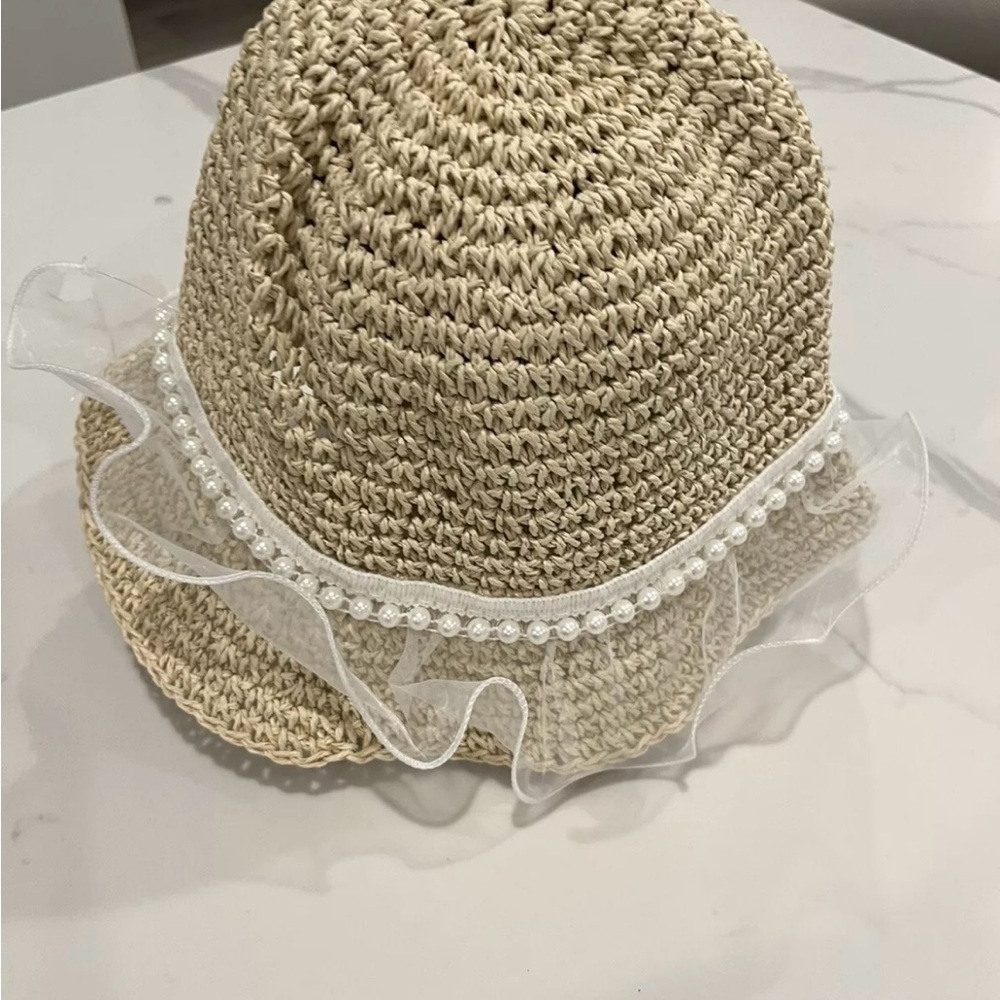 Beige Straw Hat with Pearl Trim